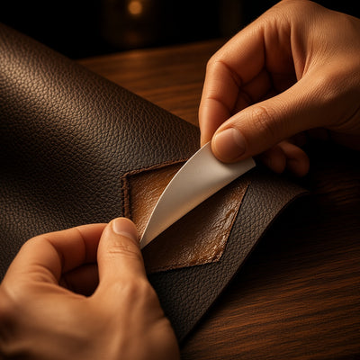 Peeling the backing off the leather sheet