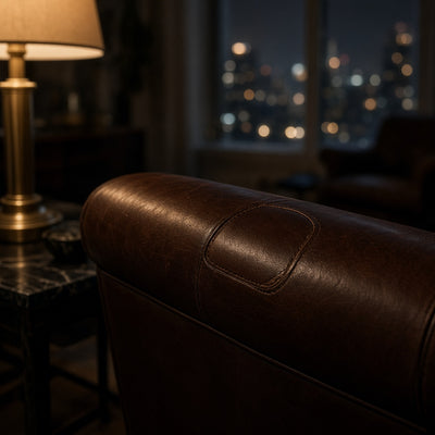 The sofa kept — arm in gold lamplight